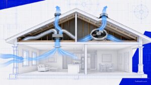 Whole-house fan and powered attic fan airflow paths in a house cutaway