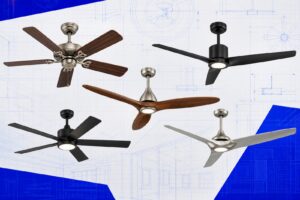 Five ceiling fan styles compared on an architectural blueprint