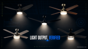 Five illuminated ceiling fans on a technical blueprint background with Light Output, Verified title