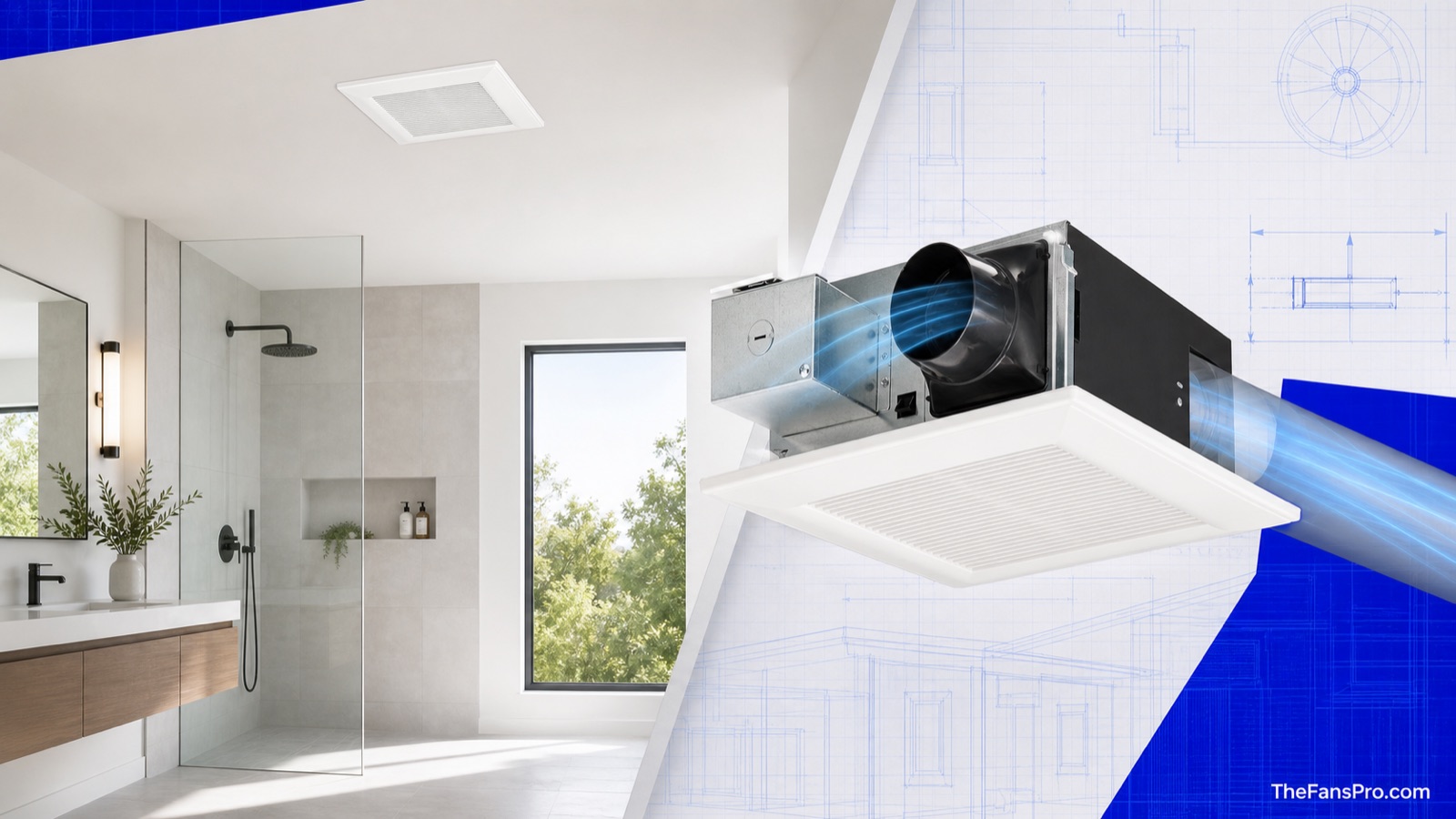 Bathroom exhaust fan installation and duct airflow cutaway