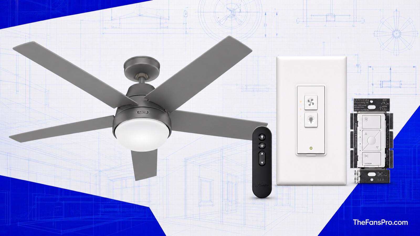 Smart ceiling fan, wall controls, and blueprint compatibility plan