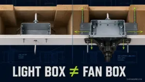 Cutaway comparison of a light-fixture box and a fan-rated box secured to a ceiling joist